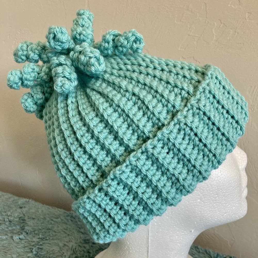 Adorable adult Beanie with Fringe! Color: Robins Egg